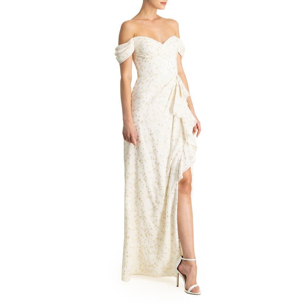 ML MONIQUE LHUILLIER Women's Off-the-Shoulder Metallic Chiffon Gown Beige 4 NWT